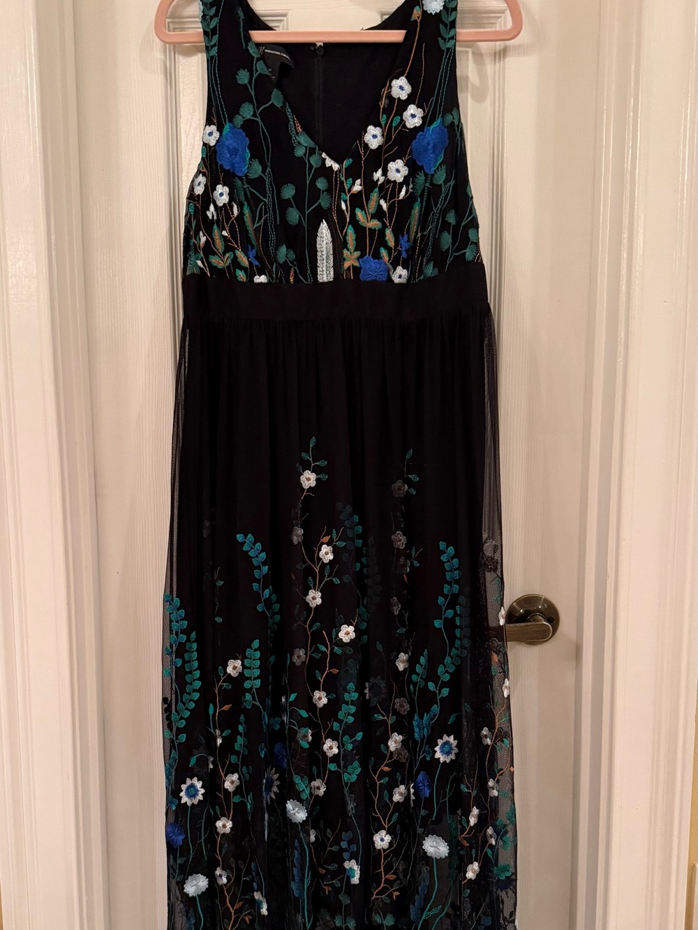 INC Black Floral Embroidered Mesh Midi Dress Handkerchief Hem Medium